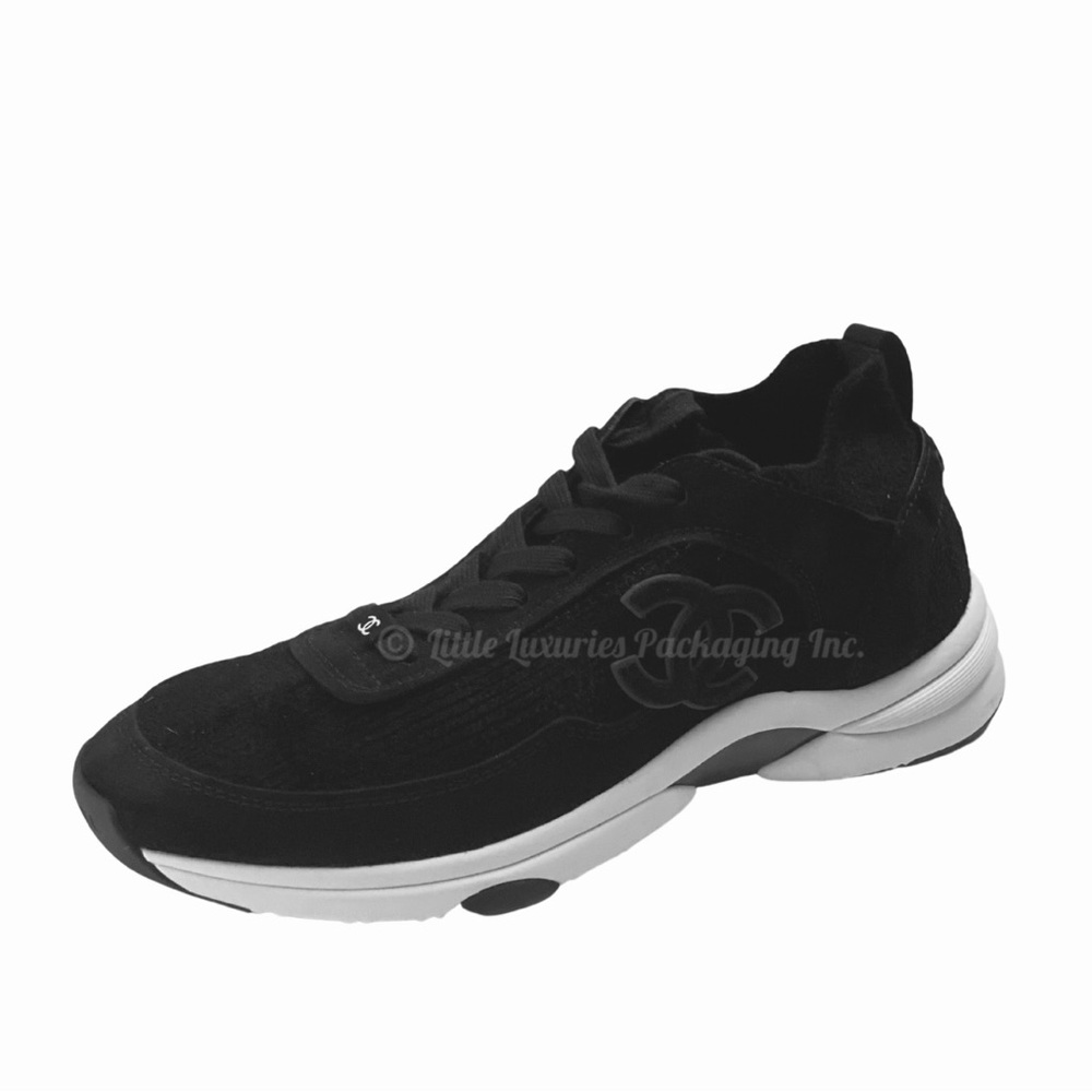 Authentic Chanel Women's Black/Black Knit Fabric Suede Calfskin CC Logo Sneakers - Picture 4 of 14